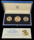 Elizabeth II, proof set of 3 gold coins, 1988, comprising two-pounds, sovereign and half-sovereign, mint state, in capsules and Royal Mint fitted case...