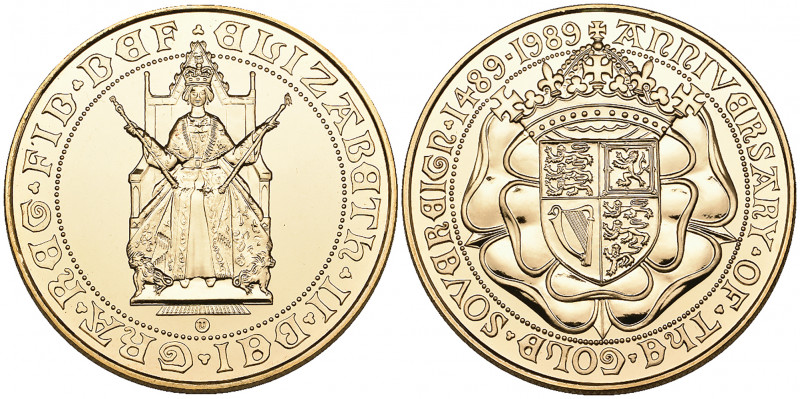 *Elizabeth II, 500th Anniversary of the gold sovereign, 1989, five-pounds, comme...