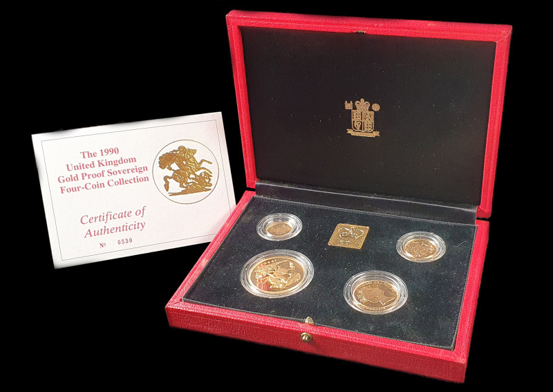 Elizabeth II, proof set of 4 gold coins, 1990, comprising five-pounds, two-pound...