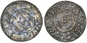 *Aethelred II, Last Small cross penny, Winchester, moneyer Brunstan, +byrvnstan on pin, 1.28g (N.777; S. 1154), heavily peckmarked both sides, very fi...