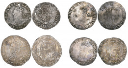 Charles I, Tower mint, shillings (4), Group D, type 3a, mm crown (2), tun (N. 2225; S. 2791), third pierced; Group F, m.m. sun (N. 2232; S. 2800), fin...