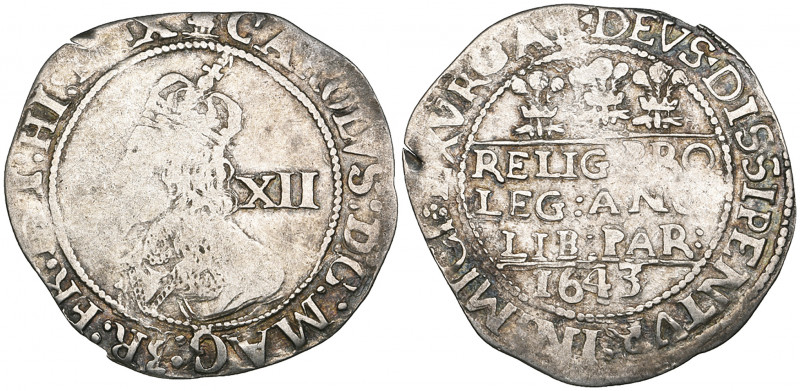Charles I, Oxford mint, shilling, 1643, m.m. Oxford plume, rev., three Oxford pl...