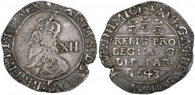 *Charles I, Bristol mint, shilling, 1643, m.m. plume with bands/Br monogram, crude bust with backward flaw above orb of crown from an Oxford die, rev....