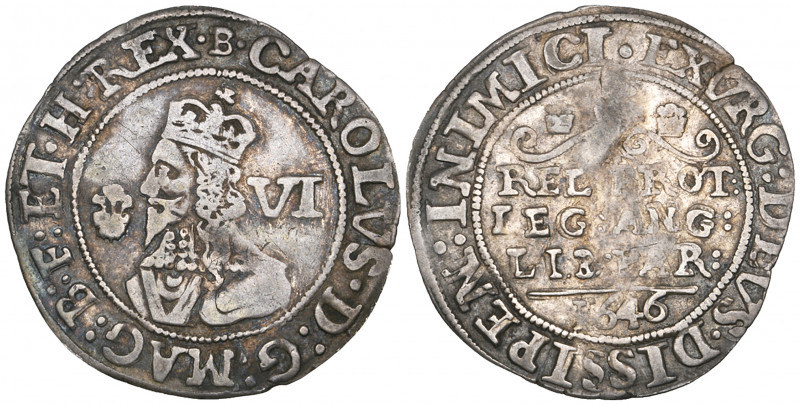 *Charles I, Bridgnorth-on-Severn mint, sixpence, 1646, m.m. B on obverse only, p...