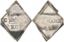 *Charles I, Newark Besieged, lozenge-shaped shilling, 1645, with arched crown and reads newark, 5.73g (N. 2640; S. 3143), on an irregularly-cut flan a...