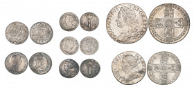 Charles II, twopences (2), 1682, 1684, Anne, sixpence, 1711 and pennies (3), 1708, 1713/10 (2), George I, penny, 1723 and George II, shilling, 1758, g...
