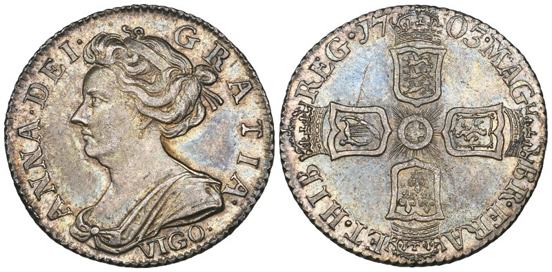 *Anne, sixpence, 1703 vigo (E.S.C. 1582; Bull 1446; S. 3590), with a die flaw in...