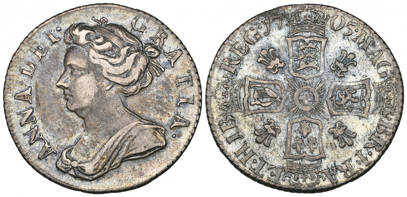 *Anne, sixpence, 1705 plumes, early shields (E.S.C. 1584; Bull 1448; S. 3592), g...