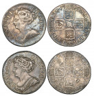 Anne, shillings (2), Post-Union type, 1709 plain, 1712 roses and plumes (E.S.C. 1154, 1159; Bull 1402, 1410; S. 3610, 3617), the first haymarked, gene...
