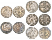 George II, old head, shillings (3), 1743 roses, 1743/1 roses, 1758 (E.S.C. 1203, 1203a, 1213; Bull 1720, 1721, 1734; S. 3702, 3704) and George III, sh...
