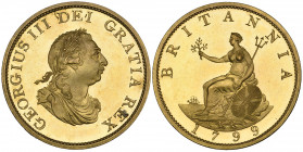 *George III, early Soho pattern halfpenny, 1799, in gilt copper (B.M.C. 1233), tiny tone spot and minimal traces of handling, virtually as struck, wit...