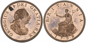 George III, early Soho pattern halfpenny, 1799, in copper (B.M.C. 1235), impaired by a verdigris spot at III in legend and by lint marks (?) at the Ki...