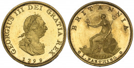 *George III, late Soho proof farthing, 1799, in gilt copper (B.M.C. 1269), slight surface ‘haze’ on reverse, virtually as struck

Estimate: GBP 250 ...