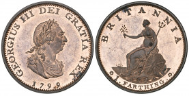 *George III, late Soho proof farthing, 1799, in copper, apparently struck from the same die pairing as the last, with the reverse retouched so that th...