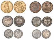 Victoria, young head, sixpence, 1846, threepences, 1850 (2) and bronze farthing 1882h; with gold sovereign, 1890m, generally extremely fine (5)

Est...