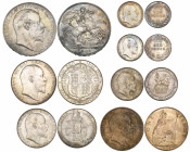 Edward VII, crown, 1902, halfcrown, 1908, florin, 1906, shilling, 1909, sixpences (2), 1903, 1910 and bronze penny, 1904, some discolouration and bagm...
