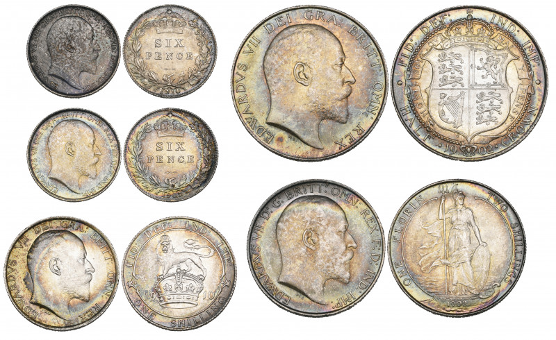 Edward VII, halfcrown, 1902, florin, 1902, shilling, 1910 and sixpences (2), 190...