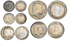 Edward VII, halfcrown, 1902, florin, 1902, shilling, 1910 and sixpences (2), 1907, 1910, all brilliant uncirculated, with peripheral rainbow toning (5...