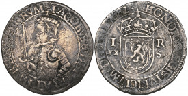 James VI, Fourth Coinage, 20-shillings, 1582, half-length portrait of King, facing left, holding sword, rev., crowned shield of arms, I R and XX S eit...