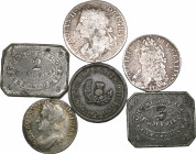 Charles II, quarter-dollar, 1679 (S. 5620), eighth dollar, 1680 (S. 5622), William II, 10 shillings, 1695 (S. 5687), fine to good fine; communion toke...