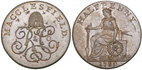 *Cheshire, Macclesfield, Charles Roe and Co., halfpenny, 1789, beehive over Roe cypher, rev., seated Genius holding a screw and cogwheel with six spok...