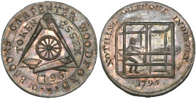 *Essex, Woodford, Denton’s mule halfpenny, 1796, pair of compasses, wheel and saw, rev., man weaving in loom (D. & H. 41), virtually mint state, with ...