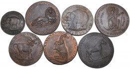 Middlesex, Pidcock’s, halfpennies (6), elephant (2), rev., kangaroo and toucan (D. & H. 424, 426), lion and dog, rev, zebra (D. & H. 428), lion, rev.,...