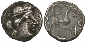*Ancient British, Atrebates and Regni, silver unit, Sussex Lyre type, c. 60-20 BC, diademed head right, hair with large curls, rev., horse right, whee...