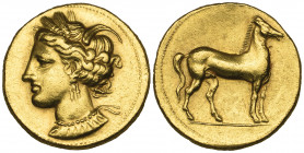 *Zeugitana, Carthage, electrum stater, c. 310-270 BC, wreathed head of Tanit left, rev., horse standing to right, 7.38g (Jenkins & Lewis group VII), s...