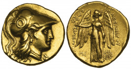 *Macedonia, Alexander III (336-323 BC), gold stater, Babylon, c. 311-305 BC, helmeted head of Athena right, rev., Nike standing left; MI and monogram ...