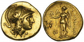 *Macedonia, Alexander III (336-323 BC), gold stater, uncertain mint, c. 310-275 BC, helmeted head of Athena right, rev., Nike standing left; in left f...