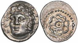 *Rhodes, drachm, 1st century BC, radiate head of Helios three-quarters left, rev., P-O, rose; corn ear below, 4.26g (Ashton/Weiss, NC 1997, 30ff), a f...
