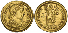 *Valentinian I (364-375), solidus, Antioch, diademed bust right, rev., emperor standing right holding labarum and Victory on globe; in left field, cro...