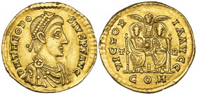 *Theodosius I (379-395), solidus, Trier, 389-91, D N THEODOSIVS PF AVG, diademed, draped and cuirassed bust right, rev., VICTORIA AVGG, two emperors s...