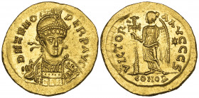 *Zeno (474-491), solidus, Constantinople, D N ZENO PERP AVG, helmeted bust facing three-quarters right, rev., VICTORIA AVGGG S, Victory standing left ...