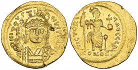 *Justin II (565-578), solidus, Constantinople, facing bust, rev., Constantinopolis seated holding spear and globus cruciger; officina Δ, 4.47g (DO 4; ...