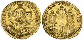 *Basil II (976-1025), histamenon, Constantinople, Christ Pantokrator, rev., facing busts of Basil and Constantine holding a patriarchal cross crosslet...
