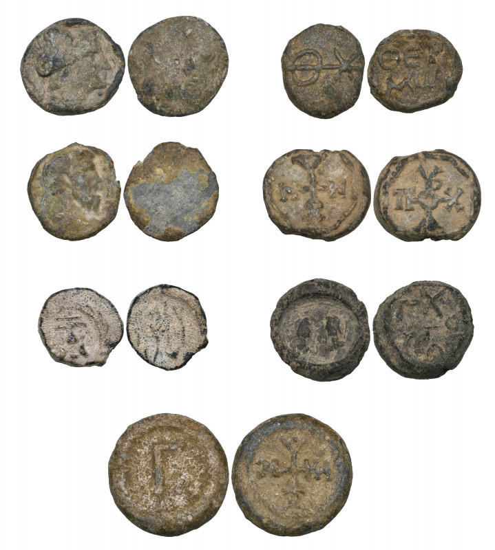 Lead tessarae (3), comprising uniface issue with head of Athena right, another w...