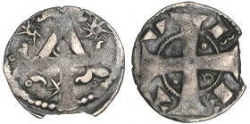 Counts of Flanders, Béthune, kleine denarius, 1191, triangle with lis on points, three outer stars, rev., b-e-t-v, long cross with pellet and annulet ...