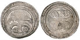 Counts of Flanders, Douai, kleine denarius, circa 1244-80, flower with annulets at base, rev., cross pattée with cross and lis in angles, 0.47g (Gh. 5...