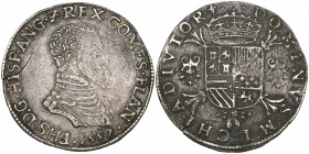 *Spanish Netherlands, Philip II (1555-98), filipsdaalder, 1557, Bruges, m.m., lis on reverse, with English title (v.G. & H. 210-7c; Delm. 35), very fi...