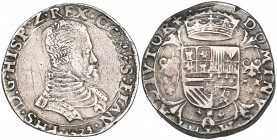 Spanish Netherlands, Philip II, filipsdaalder, 1574, Bruges, m.m. lis on reverse, obv. legend ends :flan. (v.G. & H. 210-7d var.; Delm. 36), slightly ...