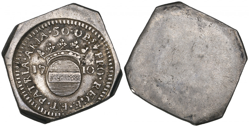 *Siege of Aire 1710, uniface 50 sols, struck from the silver plate of the govern...