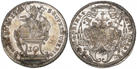 Austria, Salzburg, Sigismund III, Graf von Schrattenbach (1753-71), 10 kreuzer, 1761 over 60, Cardinal’s galero above family and monastery arms, rev, ...