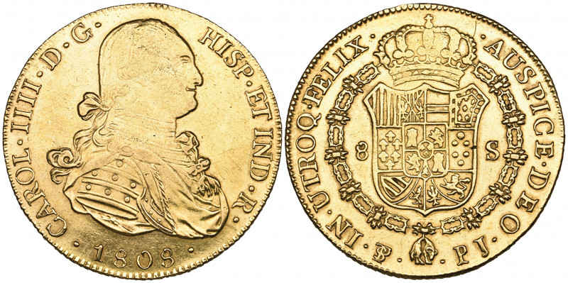 *Bolivia, Charles IV, 8 escudos, Potosí mint, 1808 pj (Cal. 1714; Cay. 14623), t...