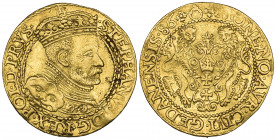*Poland, Danzig, Stefan Bathori (1575-86), ducat, 1586, crowned bust right, rev, city arms, 3.44g (H.Cz. 770; F. 3), creased, otherwise about very fin...
