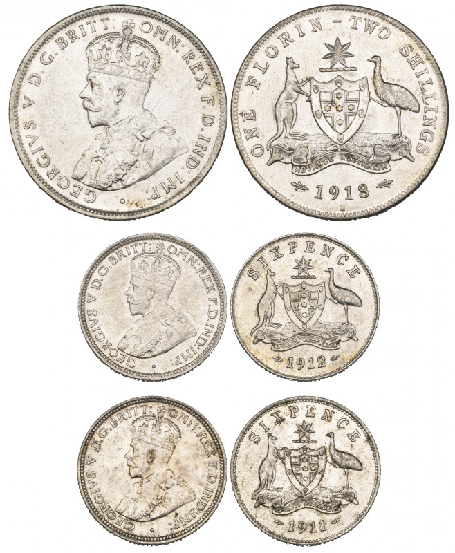 Australia, George V, florin, 1918m, sixpences (2), 1911, 1912, first with surfac...