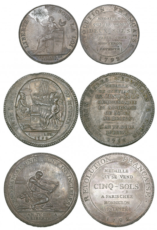 France, Monneron tokens (3), all struck at the Soho mint, Birmingham, 5 sols 179...