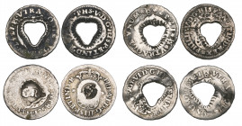 *Gibraltar (attributed), George III, half bitts (3), all formed from Mexico City mint half-reales with heart-shaped central piercings edged with a pat...