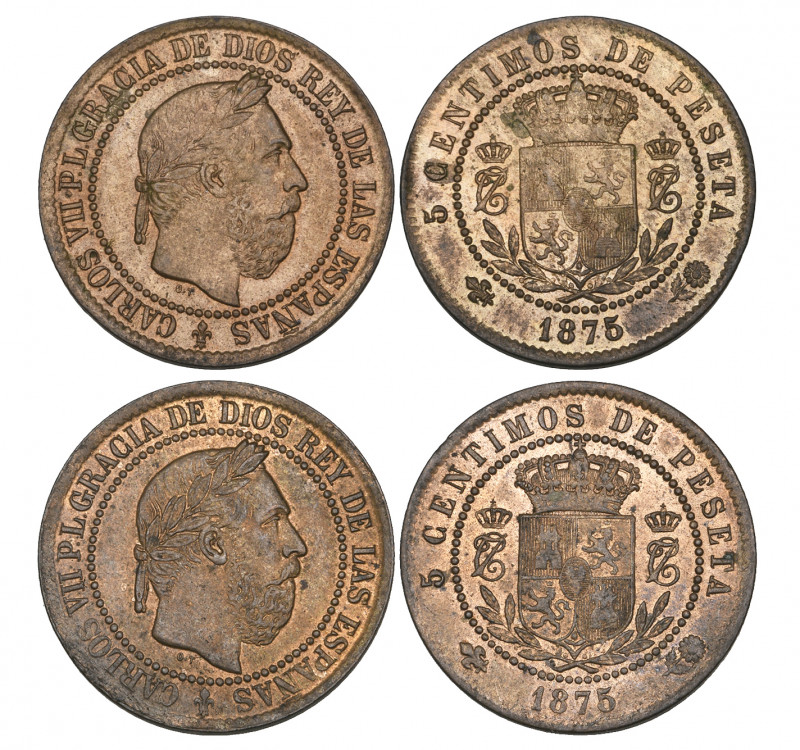 Spain, Carlos VII Pretendiente (1872-75), 5 centimos, 1875, Oñate (2) (Cal. 2), ...